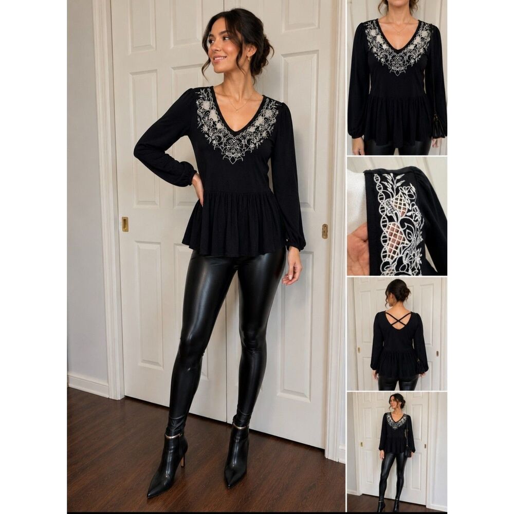 Emily & Daniels Black White Embroidered Boho Peplum Top women's Size Small
